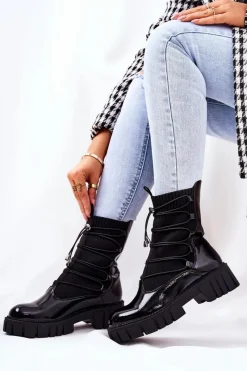 Outlet Boto Lakierowane Botki Workery Ze Skarpetą Czarne Connor