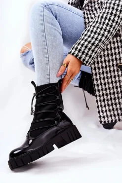 Outlet Boto Lakierowane Botki Workery Ze Skarpetą Czarne Connor