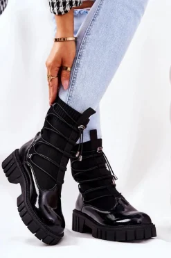 Outlet Boto Lakierowane Botki Workery Ze Skarpetą Czarne Connor