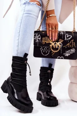 Outlet Boto Lakierowane Botki Workery Ze Skarpetą Czarne Connor