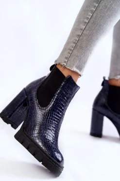Outlet Boto Lakierowane Botki Wężowy Wzór Na Słupku Granatowe Eldey