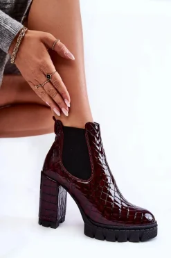 Outlet Lakierowane Botki Wężowy Wzór Na Słupku Bordowe Eldey Damskie Botki Ocieplane|Damskie Trapery