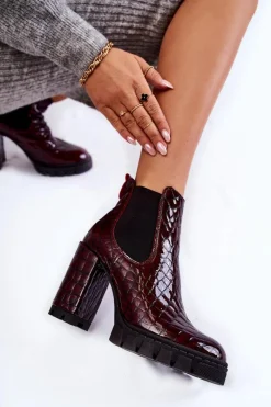 Outlet Lakierowane Botki Wężowy Wzór Na Słupku Bordowe Eldey Damskie Botki Ocieplane|Damskie Trapery