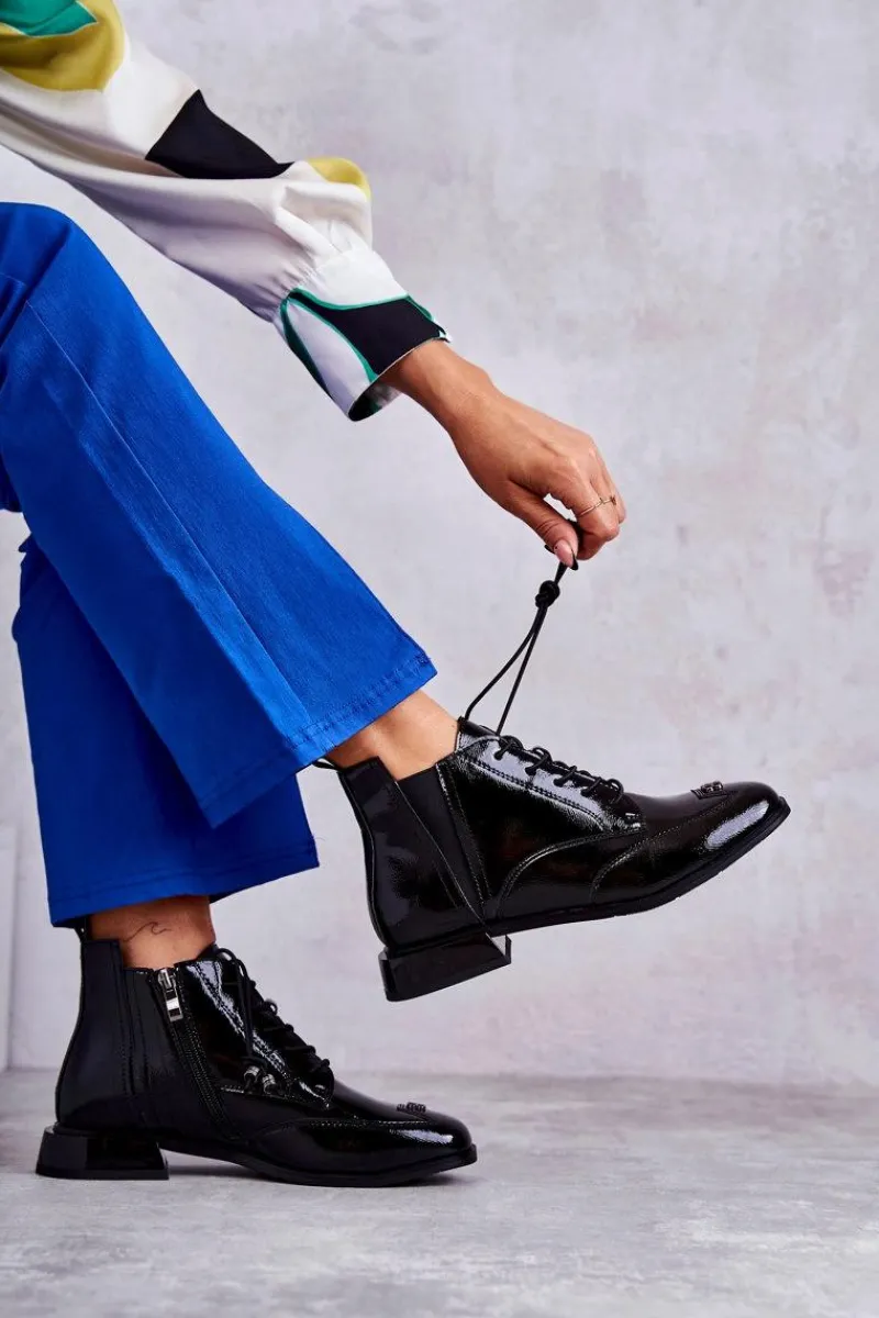 Czarne Botki|Botki Zimowe Damskie>Damskie buty S.Barski Lakierowane Botki Z Ozdobą Czarne Betrix