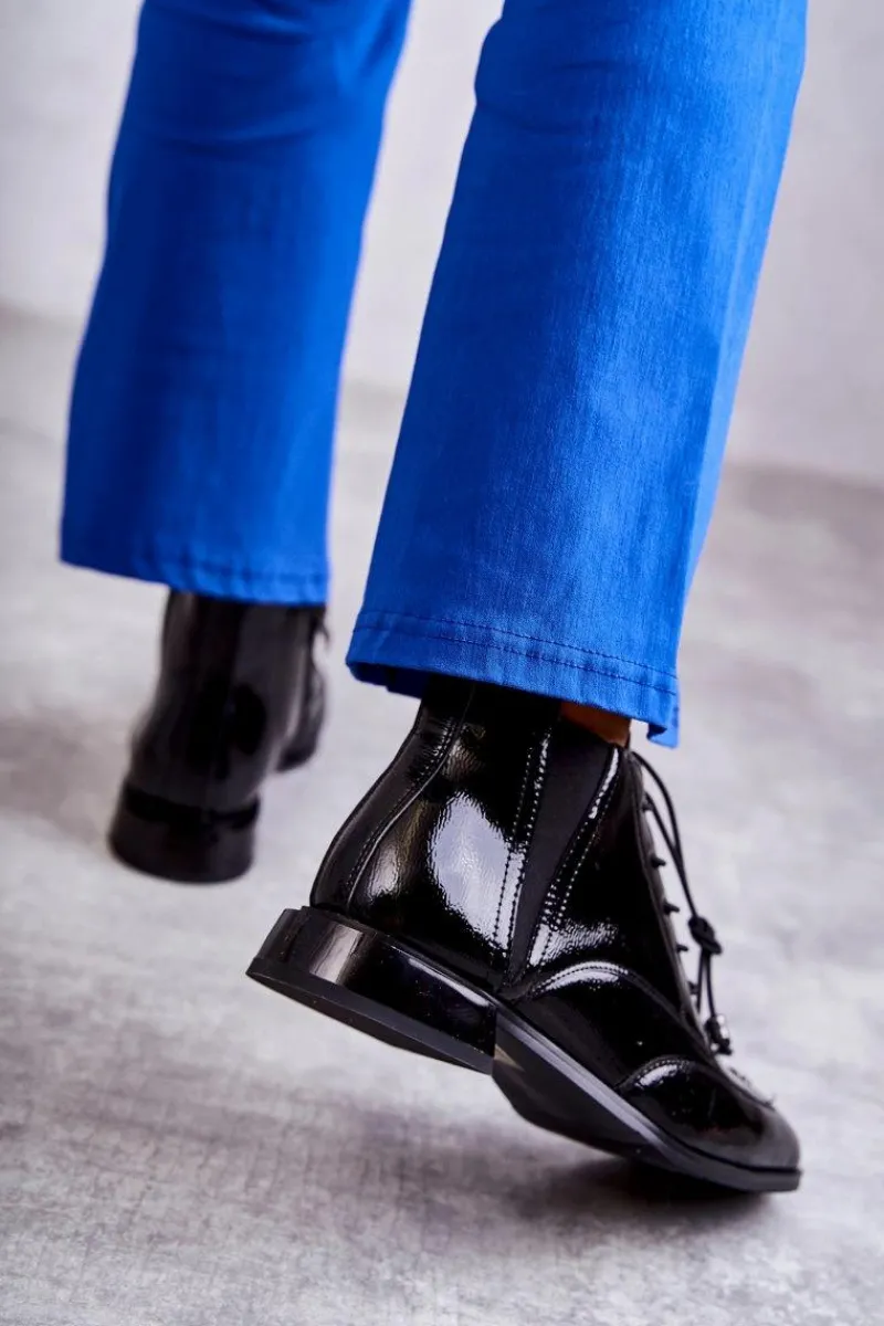 Czarne Botki|Botki Zimowe Damskie>Damskie buty S.Barski Lakierowane Botki Z Ozdobą Czarne Betrix