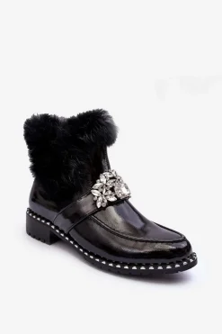 New Damskie buty S.Barski Lakierowane Botki Z Ozdobą I Futerkiem S.Barski MR870-73 Czarne