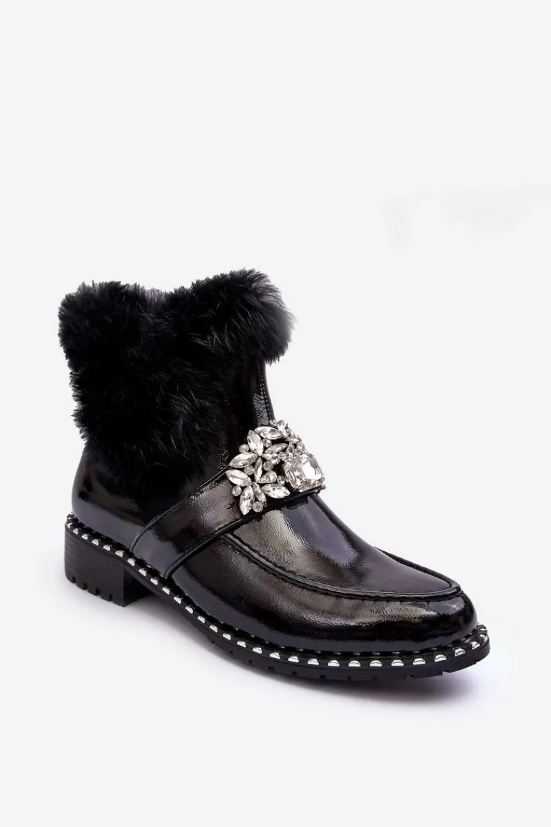 New Damskie buty S.Barski Lakierowane Botki Z Ozdobą I Futerkiem S.Barski MR870-73 Czarne