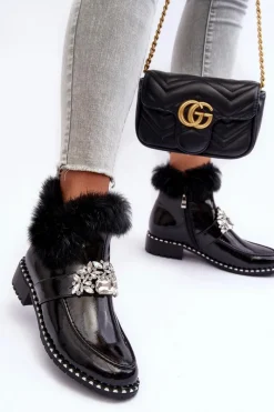 New Damskie buty S.Barski Lakierowane Botki Z Ozdobą I Futerkiem S.Barski MR870-73 Czarne