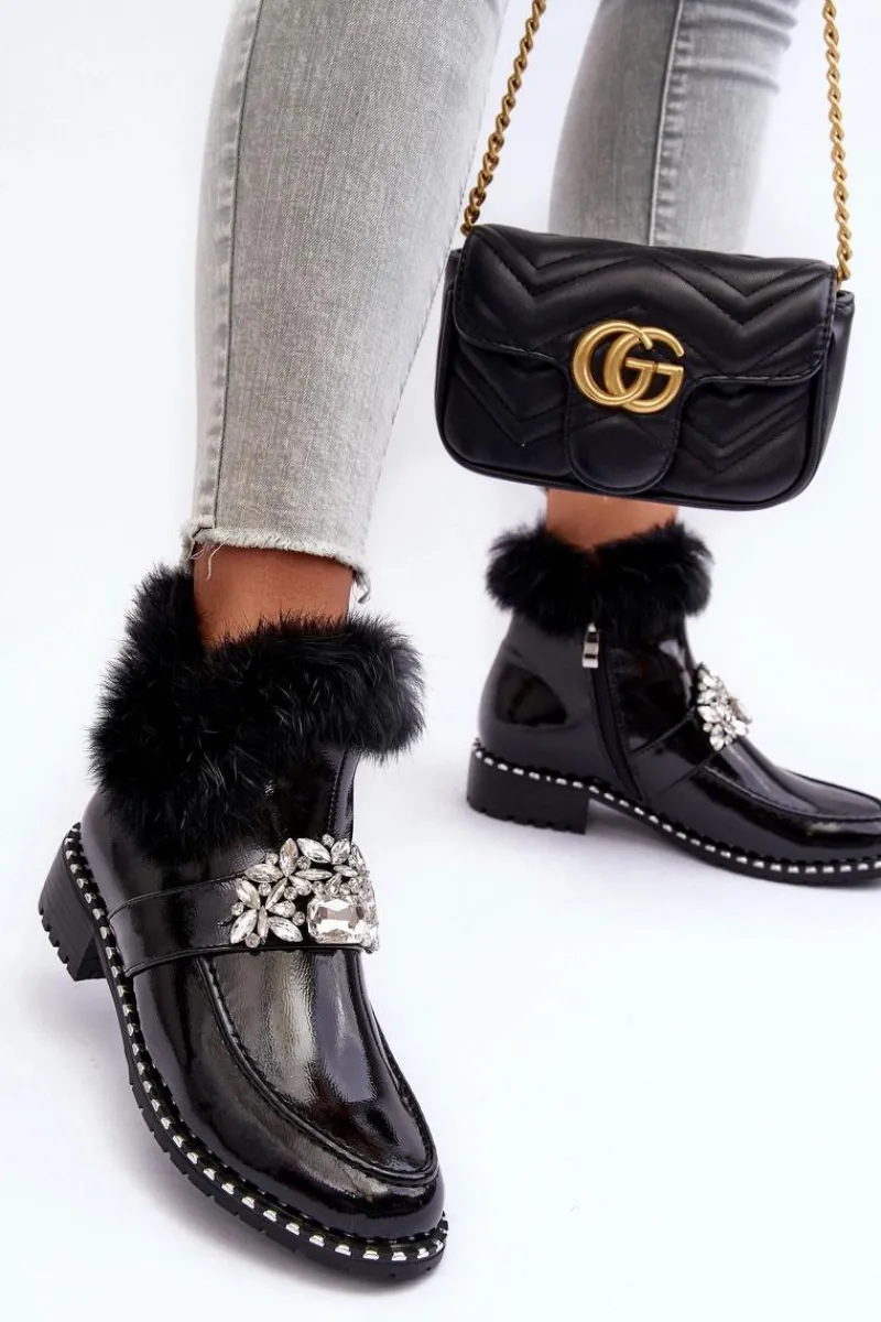 New Damskie buty S.Barski Lakierowane Botki Z Ozdobą I Futerkiem S.Barski MR870-73 Czarne