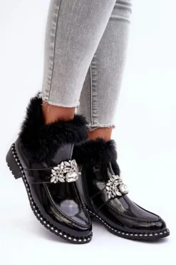 New Damskie buty S.Barski Lakierowane Botki Z Ozdobą I Futerkiem S.Barski MR870-73 Czarne
