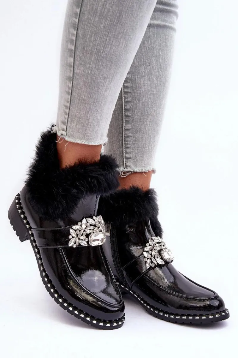 New Damskie buty S.Barski Lakierowane Botki Z Ozdobą I Futerkiem S.Barski MR870-73 Czarne