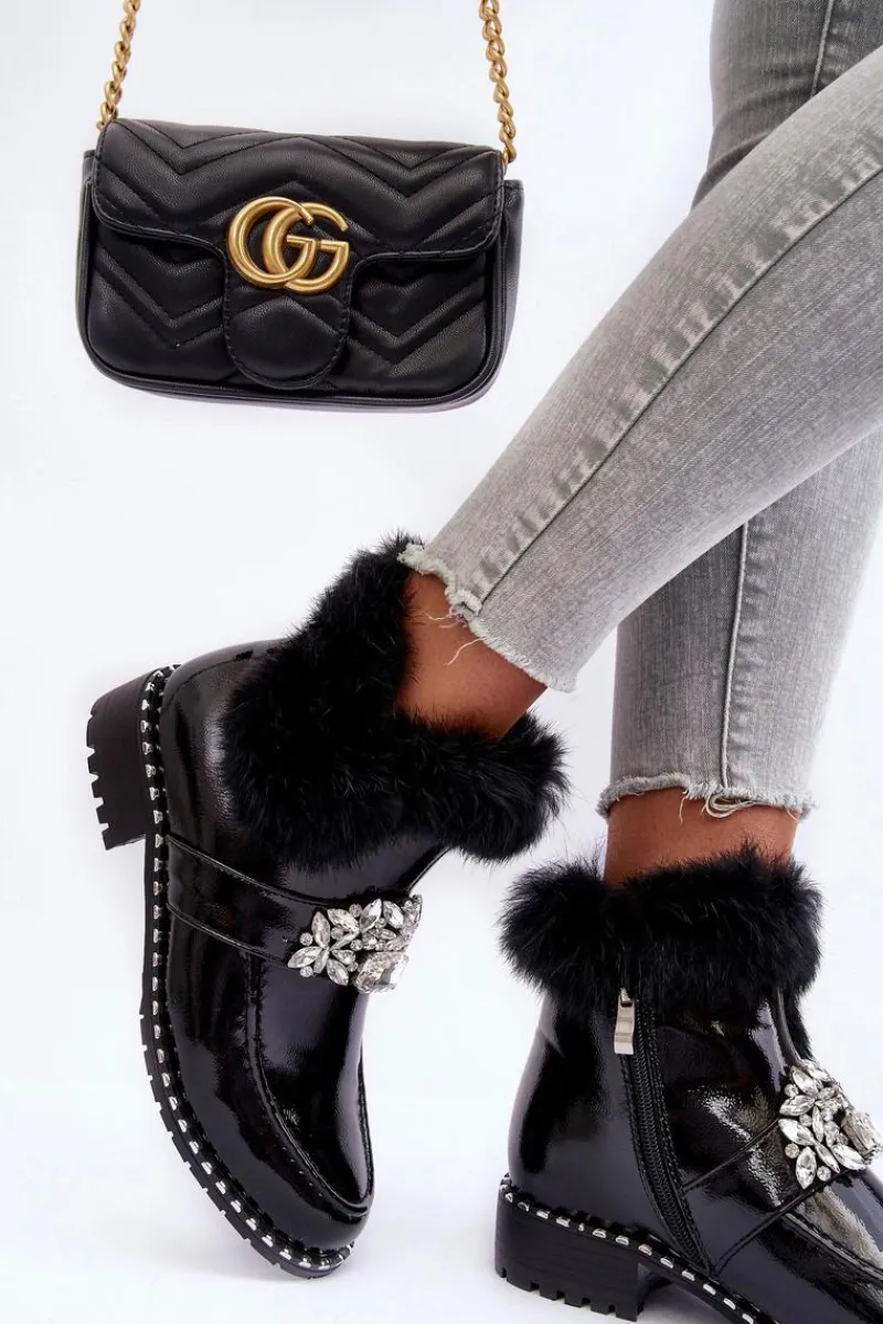 New Damskie buty S.Barski Lakierowane Botki Z Ozdobą I Futerkiem S.Barski MR870-73 Czarne