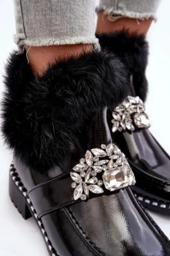 New Damskie buty S.Barski Lakierowane Botki Z Ozdobą I Futerkiem S.Barski MR870-73 Czarne