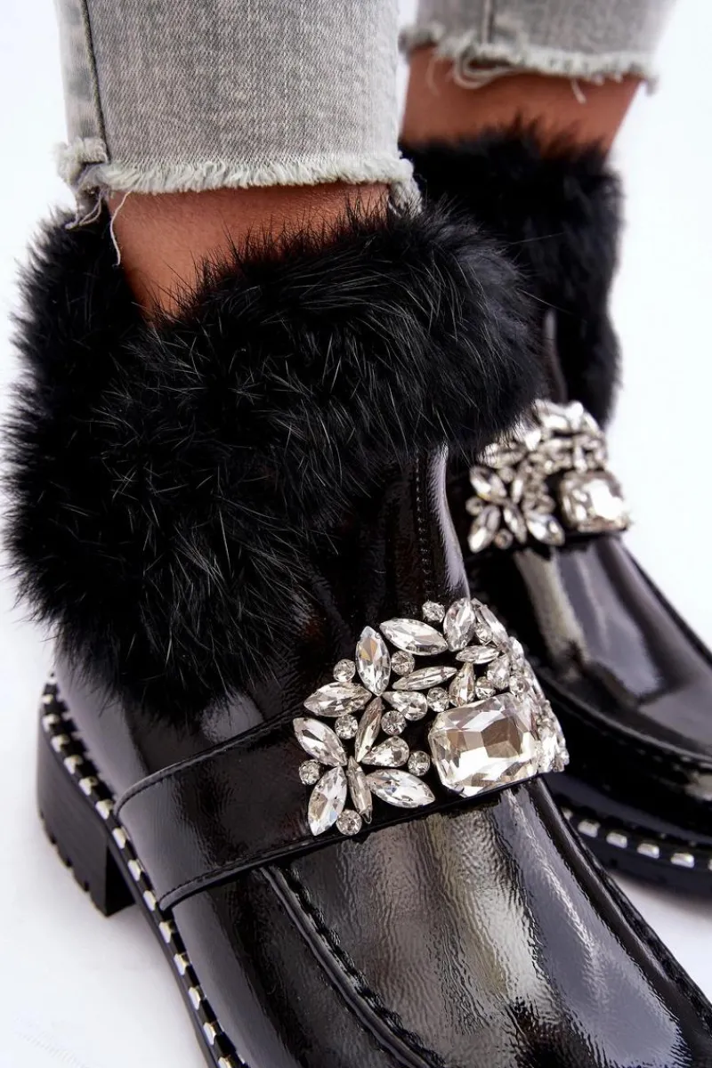 New Damskie buty S.Barski Lakierowane Botki Z Ozdobą I Futerkiem S.Barski MR870-73 Czarne