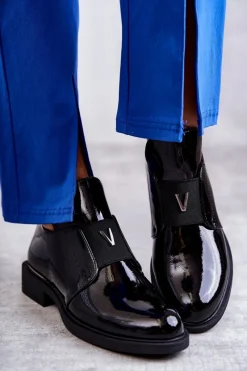 Best Buty damskie Vinceza Lakierowane Botki Z Wycięciami Na Płaskim Obcasie Czarne Eunice