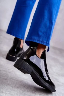 Best Buty damskie Vinceza Lakierowane Botki Z Wycięciami Na Płaskim Obcasie Czarne Eunice