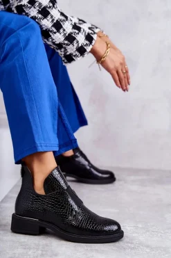 Lakierowane Botki Z Wycięciami Na Płaskim Obcasie Czarne Eunice Damskie Czarne Botki|Botki Zimowe Damskie