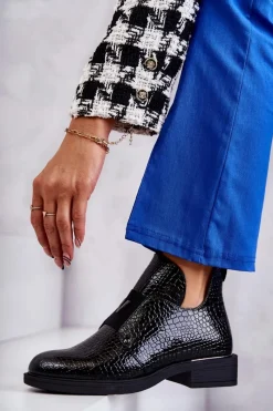 Lakierowane Botki Z Wycięciami Na Płaskim Obcasie Czarne Eunice Damskie Czarne Botki|Botki Zimowe Damskie