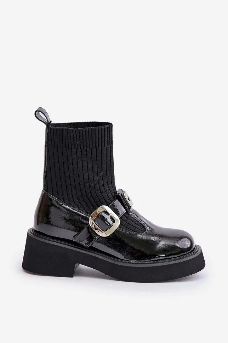 Botki Ocieplane|Czarne Botki>Damskie buty S.Barski Lakierowane Botki Ze Skarpetą I Klamrą Wsuwane MR880-076 Czarne