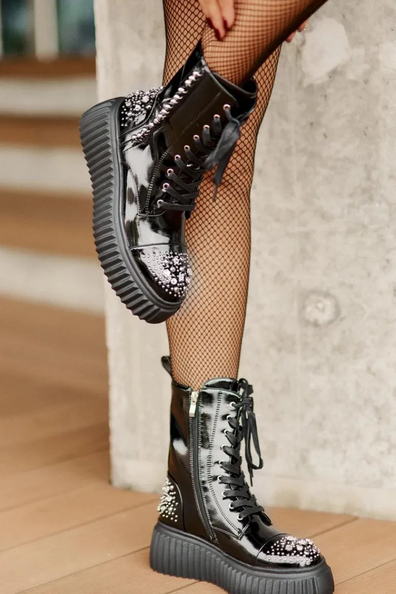 Botki Na Koturnie|Botki Sznurowane>Damskie buty S.Barski Lakierowane Botki Ze Zdobieniem Na Platformie D&A MR880-079 Czarne