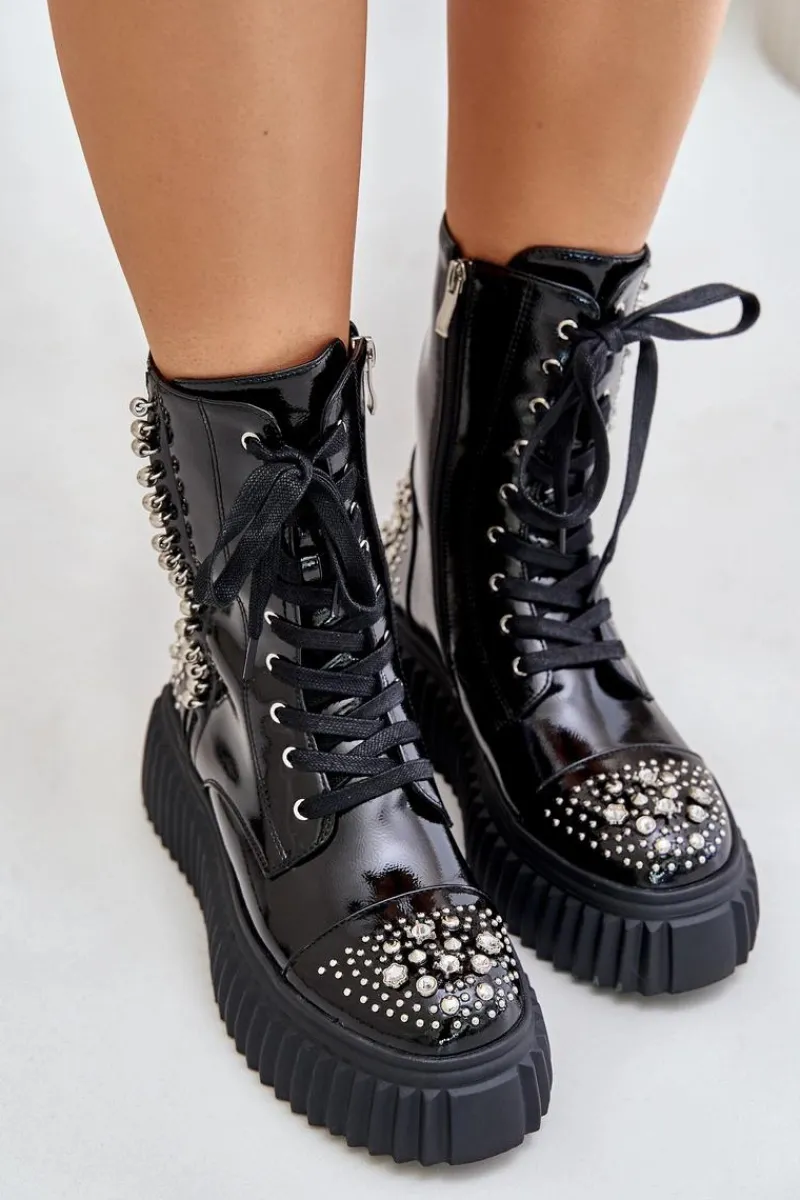 Botki Na Koturnie|Botki Sznurowane>Damskie buty S.Barski Lakierowane Botki Ze Zdobieniem Na Platformie D&A MR880-079 Czarne