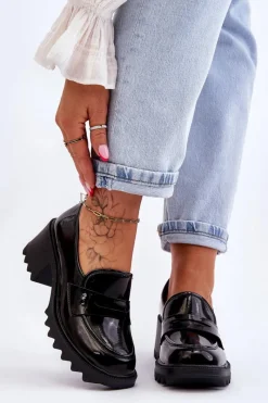 Clearance Damskie buty S.Barski Lakierowane Czółenka Mokasyny Na Obcasie Czarne Jay