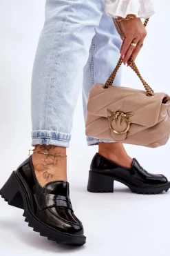 Clearance Damskie buty S.Barski Lakierowane Czółenka Mokasyny Na Obcasie Czarne Jay