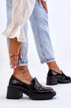 Clearance Damskie buty S.Barski Lakierowane Czółenka Mokasyny Na Obcasie Czarne Jay