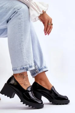 Clearance Damskie buty S.Barski Lakierowane Czółenka Mokasyny Na Obcasie Czarne Jay