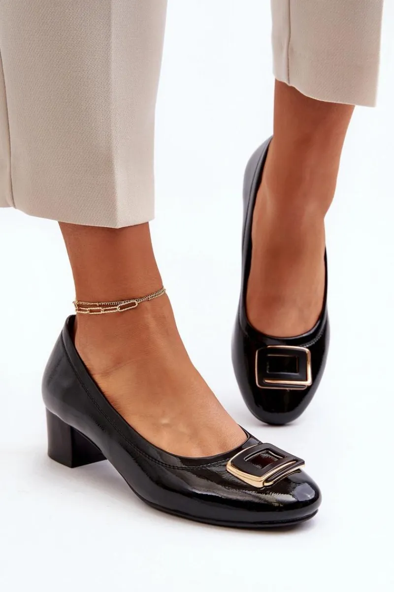 Best Buty damskie Vinceza Lakierowane Czółenka Na Klocku Z Ozdobą Czarne Enollia