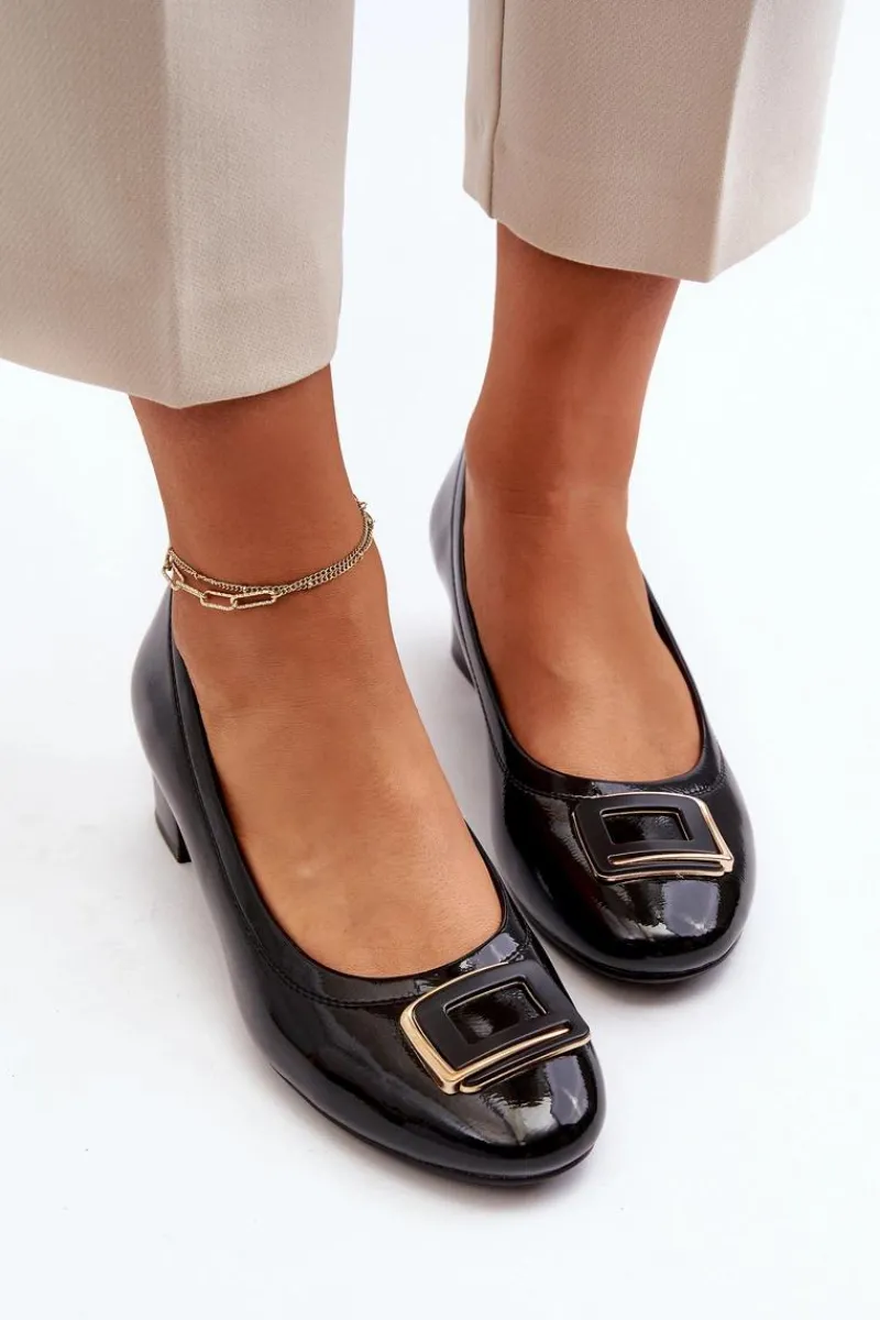 Best Buty damskie Vinceza Lakierowane Czółenka Na Klocku Z Ozdobą Czarne Enollia