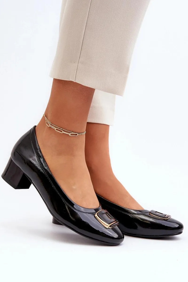 Best Buty damskie Vinceza Lakierowane Czółenka Na Klocku Z Ozdobą Czarne Enollia