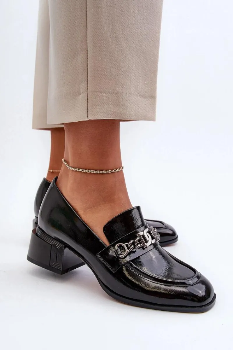 Czółenka Klasyczne>Damskie buty S.Barski Lakierowane Czółenka Na Klocku Czarne S.Barski MR38-960 Czarny