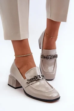 Discount Lakierowane Czółenka Na Klocku Szare S.Barski MR38-960 Damskie Czółenka Klasyczne