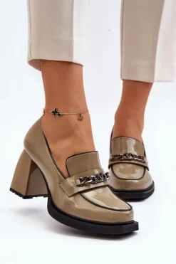 Lakierowane Czółenka Na Masywnym Obcasie Zielone Terimene Damskie Czółenka Na Platformie|Czółenka Na Słupku