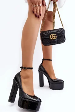 New Boto Lakierowane Czółenka Na Masywnej Platformie I Słupku Czarne Ninames