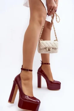 Clearance Boto Lakierowane Czółenka Na Masywnej Platformie I Słupku Bordowe Ninames