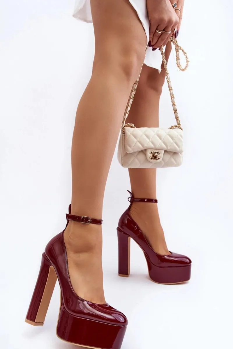 Clearance Boto Lakierowane Czółenka Na Masywnej Platformie I Słupku Bordowe Ninames