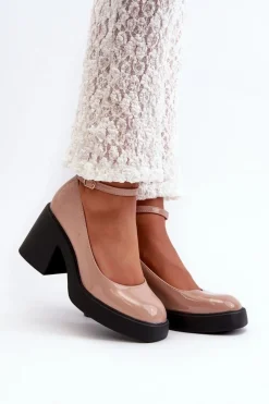 Best Lakierowane Czółenka Na Masywnym Obcasie Ciemnobeżowe Effiba Damskie Czółenka Na Platformie|Czółenka Na Słupku