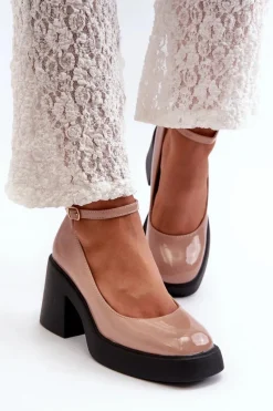 Best Lakierowane Czółenka Na Masywnym Obcasie Ciemnobeżowe Effiba Damskie Czółenka Na Platformie|Czółenka Na Słupku