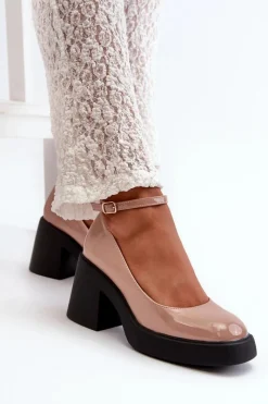 Best Lakierowane Czółenka Na Masywnym Obcasie Ciemnobeżowe Effiba Damskie Czółenka Na Platformie|Czółenka Na Słupku