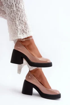 Best Lakierowane Czółenka Na Masywnym Obcasie Ciemnobeżowe Effiba Damskie Czółenka Na Platformie|Czółenka Na Słupku