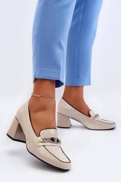 Online Lakierowane Czółenka Na Niskim Obcasie Z Ozdobą Beżowe Makki Damskie Czółenka Na Słupku|Czółenka Klasyczne