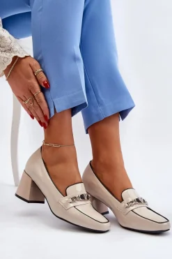Online Lakierowane Czółenka Na Niskim Obcasie Z Ozdobą Beżowe Makki Damskie Czółenka Na Słupku|Czółenka Klasyczne
