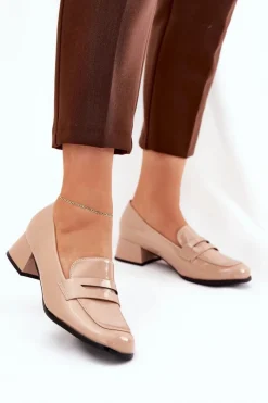 Sale Lakierowane Czółenka Na Niskim Obcasie Nude Selenith Damskie Półbuty Lakierowane|Czółenka Klasyczne