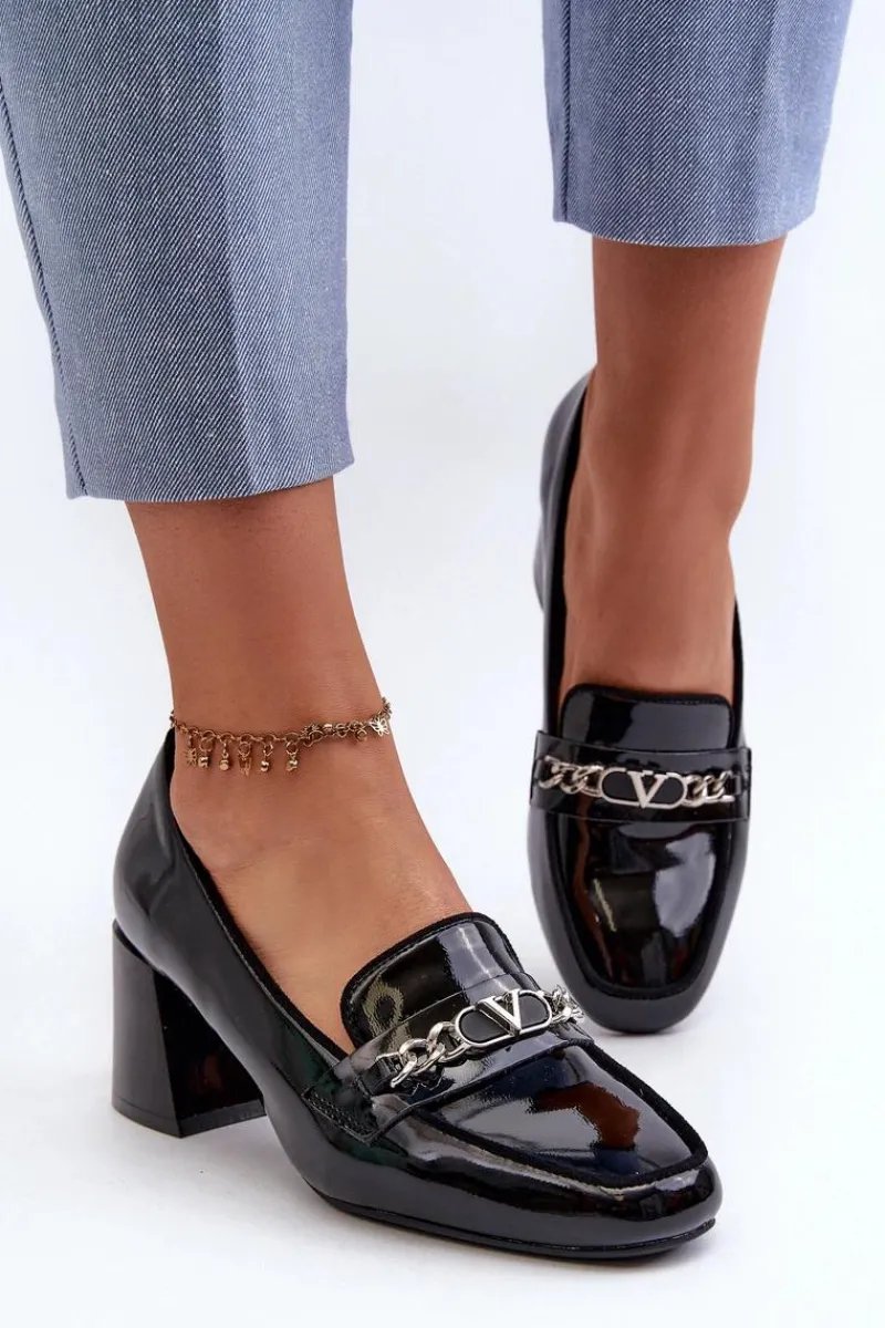 Czółenka Na Słupku|Czółenka Klasyczne>Buty damskie Vinceza Lakierowane Czółenka Na Niskim Obcasie Z Ozdobą Czarne Makki
