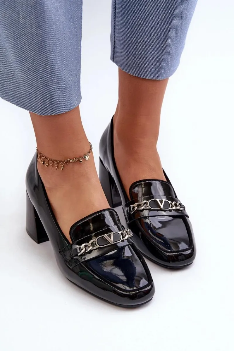 Czółenka Na Słupku|Czółenka Klasyczne>Buty damskie Vinceza Lakierowane Czółenka Na Niskim Obcasie Z Ozdobą Czarne Makki