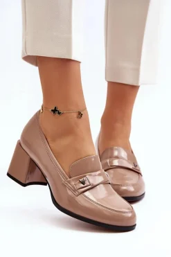 Online Lakierowane Czółenka Na Obcasie Beżowe Felicijana Damskie Czółenka Na Słupku|Czółenka Klasyczne