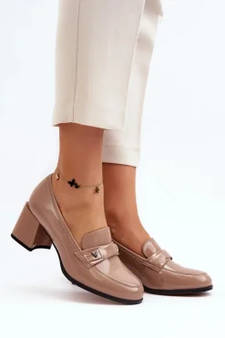 Online Lakierowane Czółenka Na Obcasie Beżowe Felicijana Damskie Czółenka Na Słupku|Czółenka Klasyczne