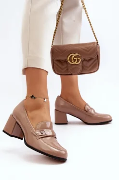 Online Lakierowane Czółenka Na Obcasie Beżowe Felicijana Damskie Czółenka Na Słupku|Czółenka Klasyczne